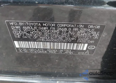 2008 Lexus Es 350 z USA, uszkodzony, nr VIN JTHBJ46G082274072